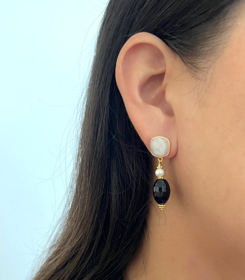 Moonstone Onyx Drop Earrings