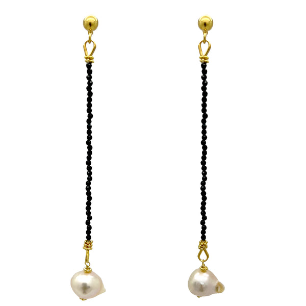 Black Onyx Long Baroque Pearl Drop Earrings