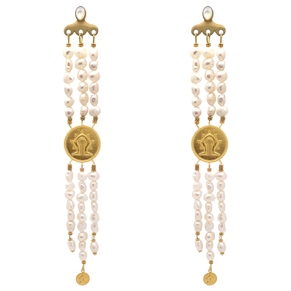 Triple Pearl Waterfall Mamuli Drop Earrings <p><b>-Demi Couture-</b></p>