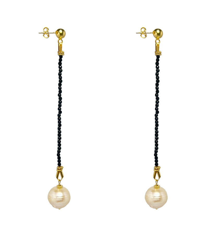 Black Onyx Long Baroque Pearl Drop Earrings