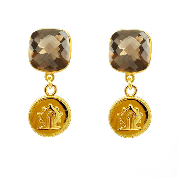 Smokey Quartz Mamuli Coin Earrings